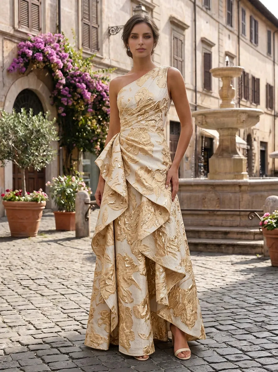 One-Shoulder Gold Floral Brocade Cascading Mother of the Bride Dress