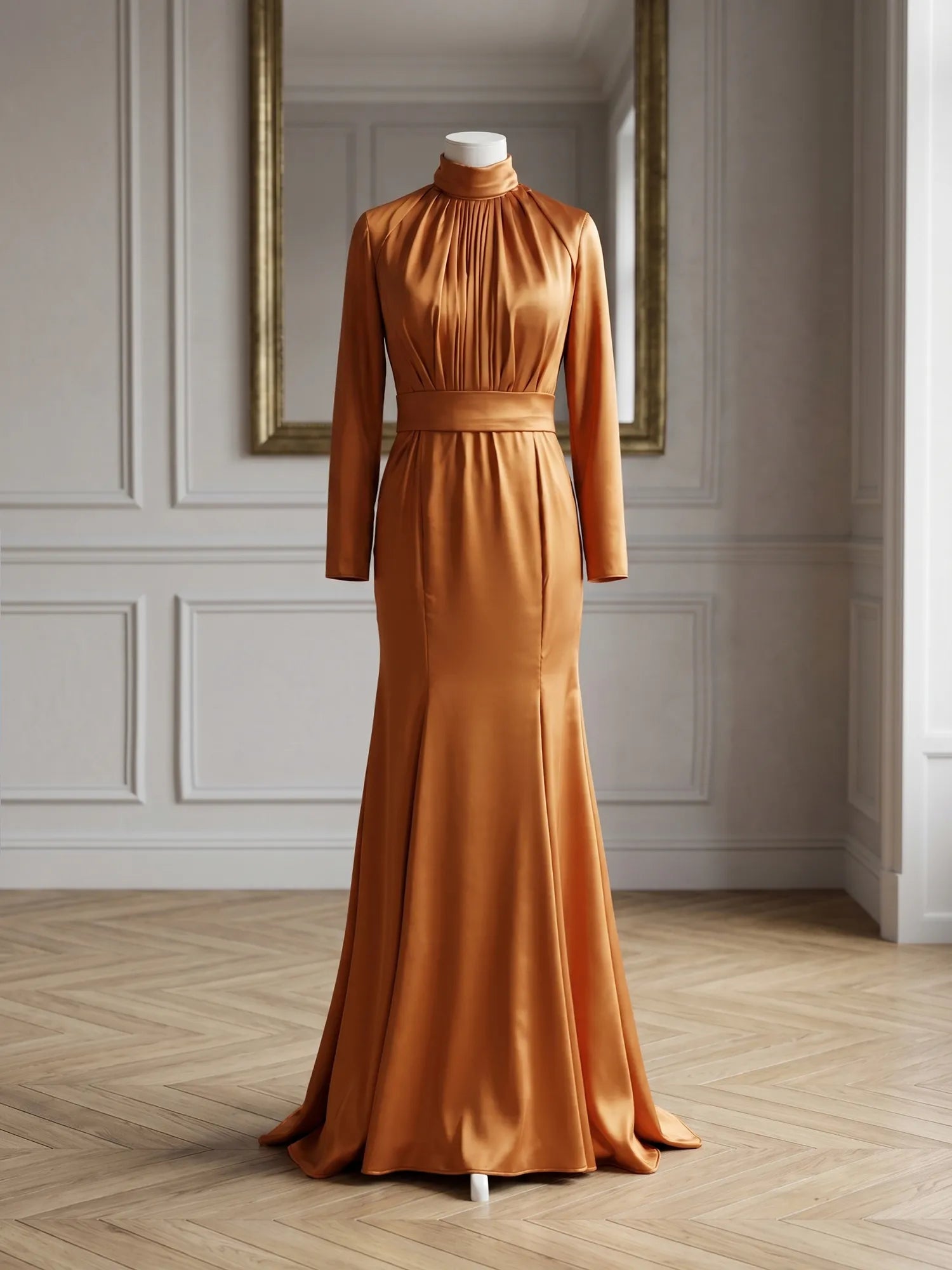 High Neck Long Sleeve Pleated Satin Mermaid Evening Gown with Belted Waist