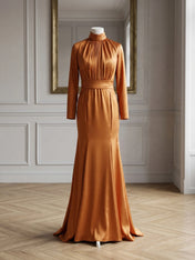 High Neck Long Sleeve Pleated Satin Mermaid Evening Gown with Belted Waist