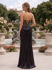 Halter Beaded Bodice Satin Mermaid Prom Dress with Draped Waist and Corset Back