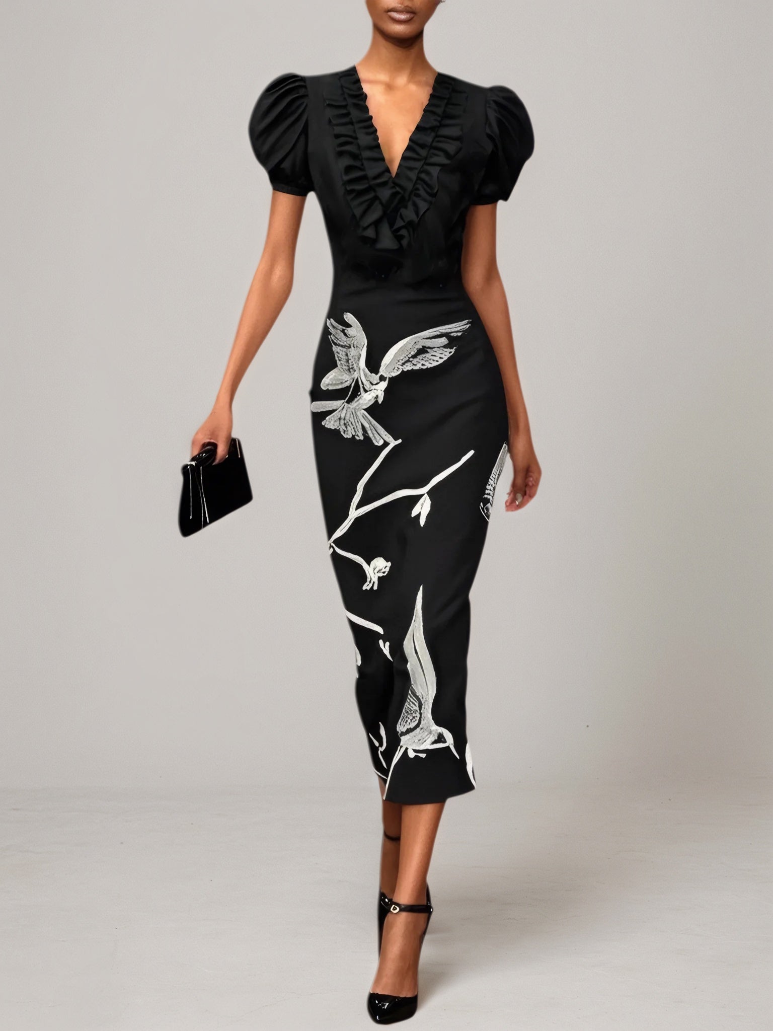 Black Folds V Neck Puff Sleeve Midi Sheath Dress
