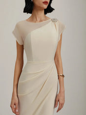 White Imitation Pearls Satin Boat Neck Cap Sleeve Sheath Midi Dress