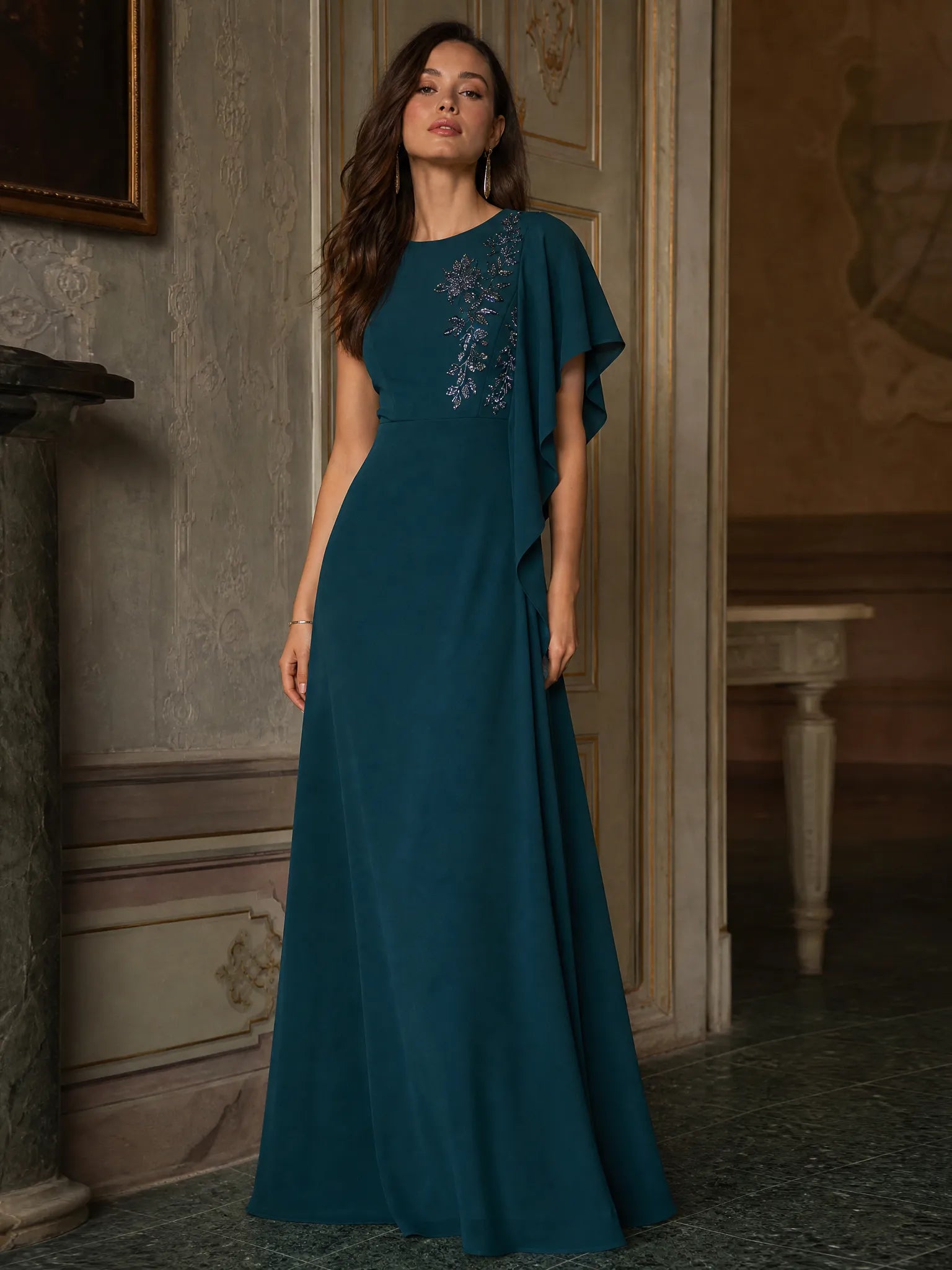 Teal Asymmetrical Cape Sleeve Evening Dress with Beading