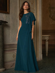 Teal Asymmetrical Cape Sleeve Evening Dress with Beading