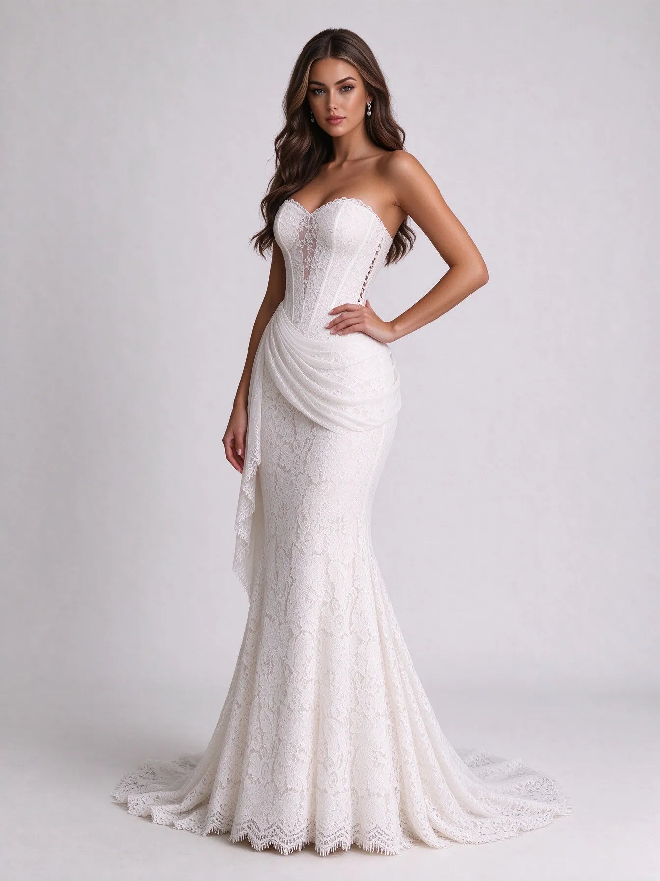 Strapless Sweetheart Lace Corset Mermaid Wedding Dress with Draped Hip Sash and Lace-Up Back