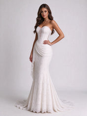 Strapless Sweetheart Lace Corset Mermaid Wedding Dress with Draped Hip Sash and Lace-Up Back