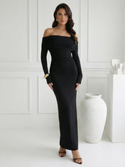Black Long Sleeves Strapless Mermaid Satin Maxi Dress