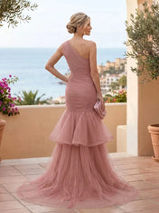 One-Shoulder Ruffled Tulle Evening Gown with Ruched Bodice