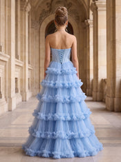 Strapless Sweetheart Pleated-Corset Tiered Tulle Prom Dress