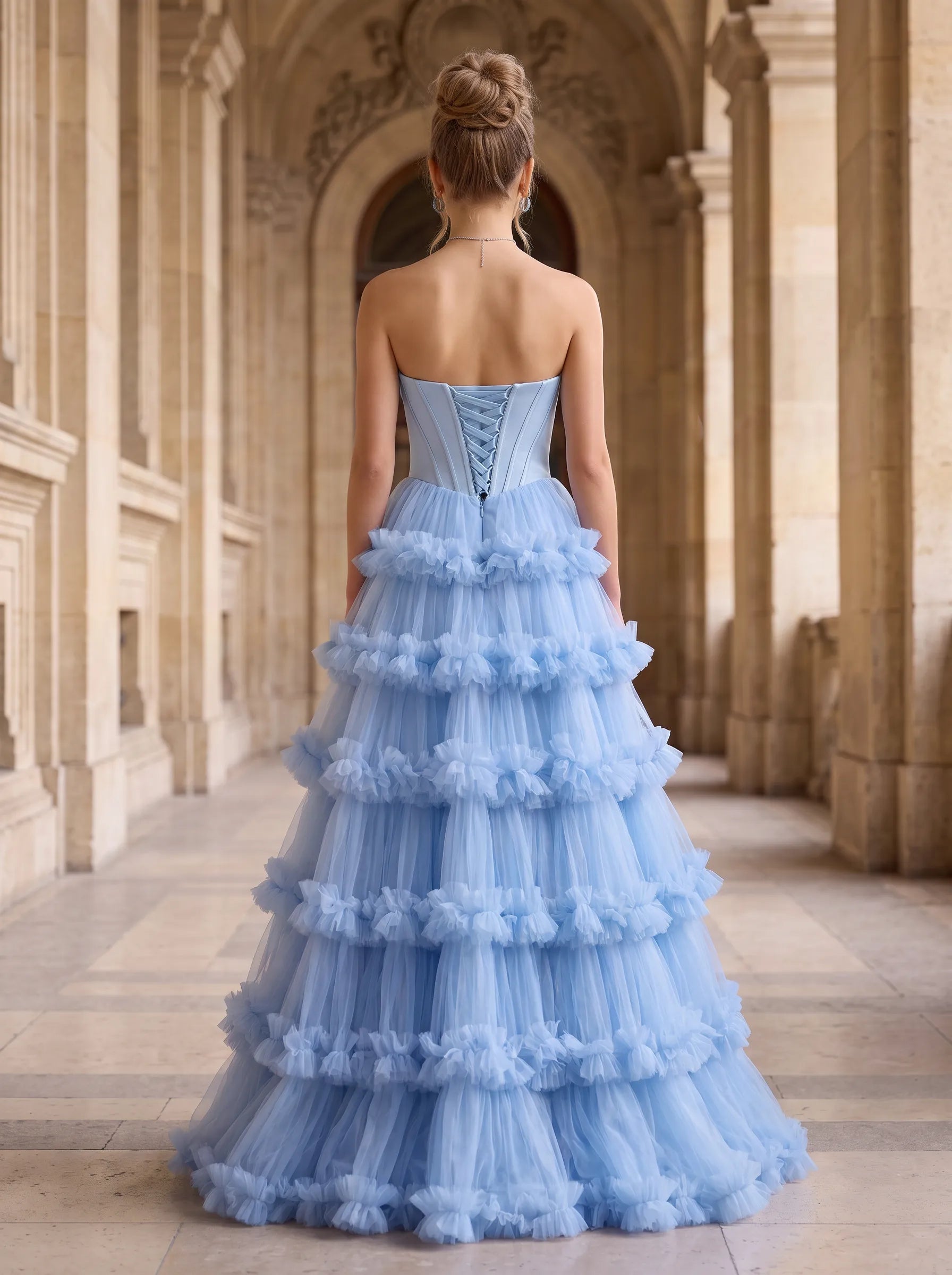 Strapless Sweetheart Pleated-Corset Tiered Tulle Prom Dress