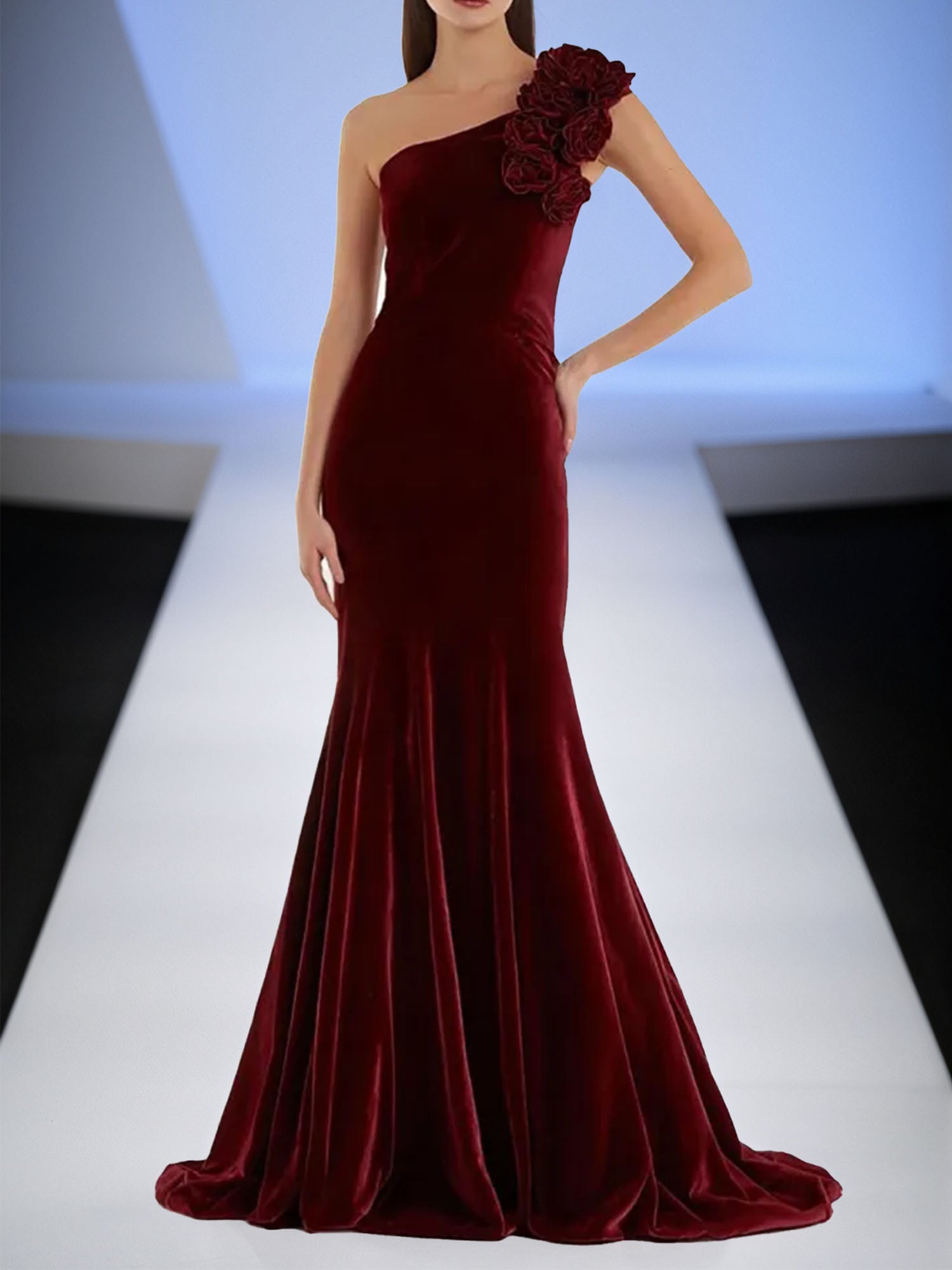 Evening Formal Dress Burgundy One Shoulder Velvet Maxi Dress With 3D Flower