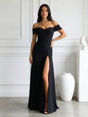 Black Off the Shoulder Mermaid Maxi Dress Prom Dress with Slit