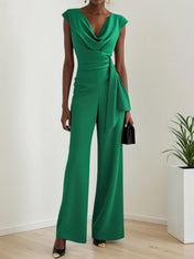 Women Green Ruched Cowl Neck Sleeveless Dressy Jumpsuit