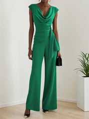 Women Green Ruched Cowl Neck Sleeveless Dressy Jumpsuit