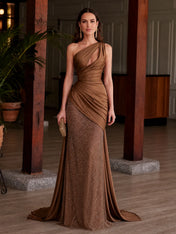 Elegant Brown One-Shoulder Satin Evening Dress with Draped Bodice and Glitter Panel