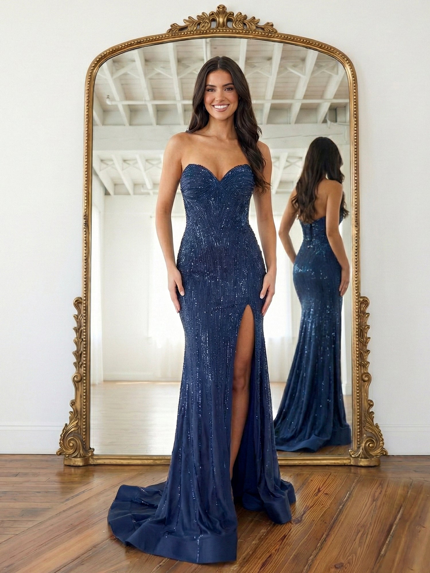 Navy Blue Strapless Sequin Prom Dress with Linear Beading