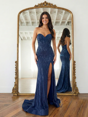 Navy Blue Strapless Sequin Prom Dress with Linear Beading