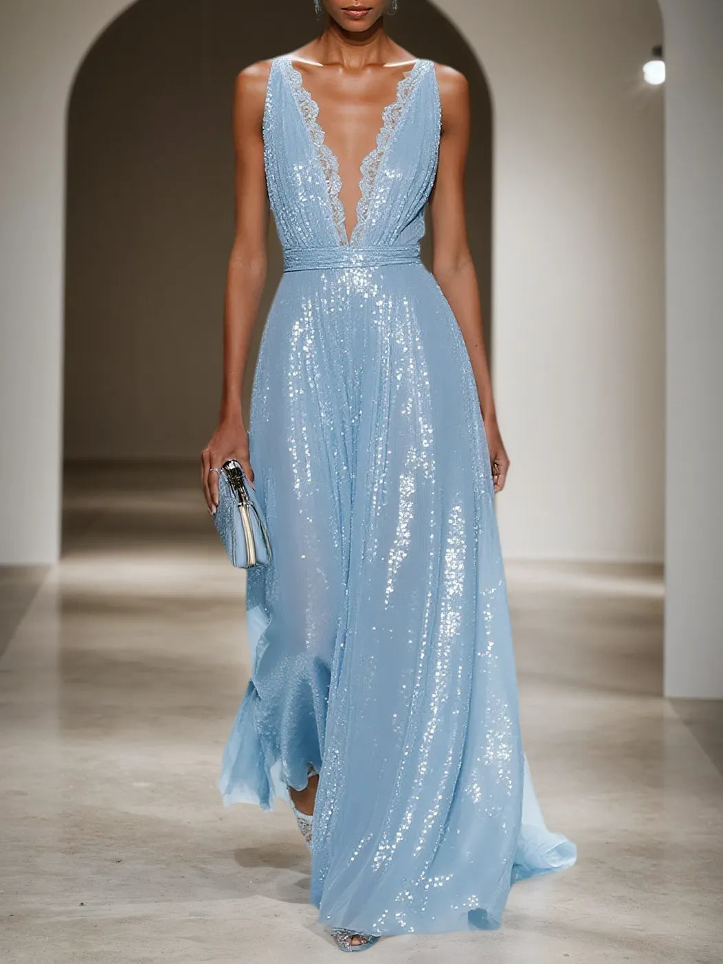 Dreamylily Women Light Blue Lace Sequin V Neck Sleeveless A-Line Maxi Dress