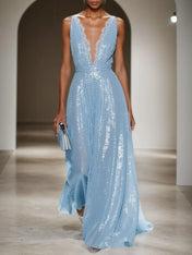 Light Blue Lace Sequin V Neck Sleeveless A-Line Maxi Dress