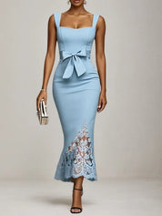 Light Blue Bow Lace Sweetheart Neckline Mermaid Maxi Dress