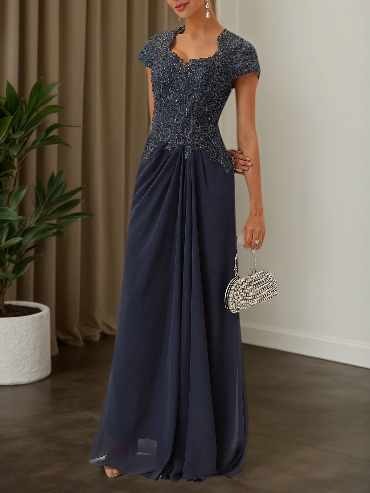 Purplish blue Sequin Lace Chiffon Dress Sweetheart Neckline Short Sleeve A-Line Maxi Mother of the Bride or Groom Dress