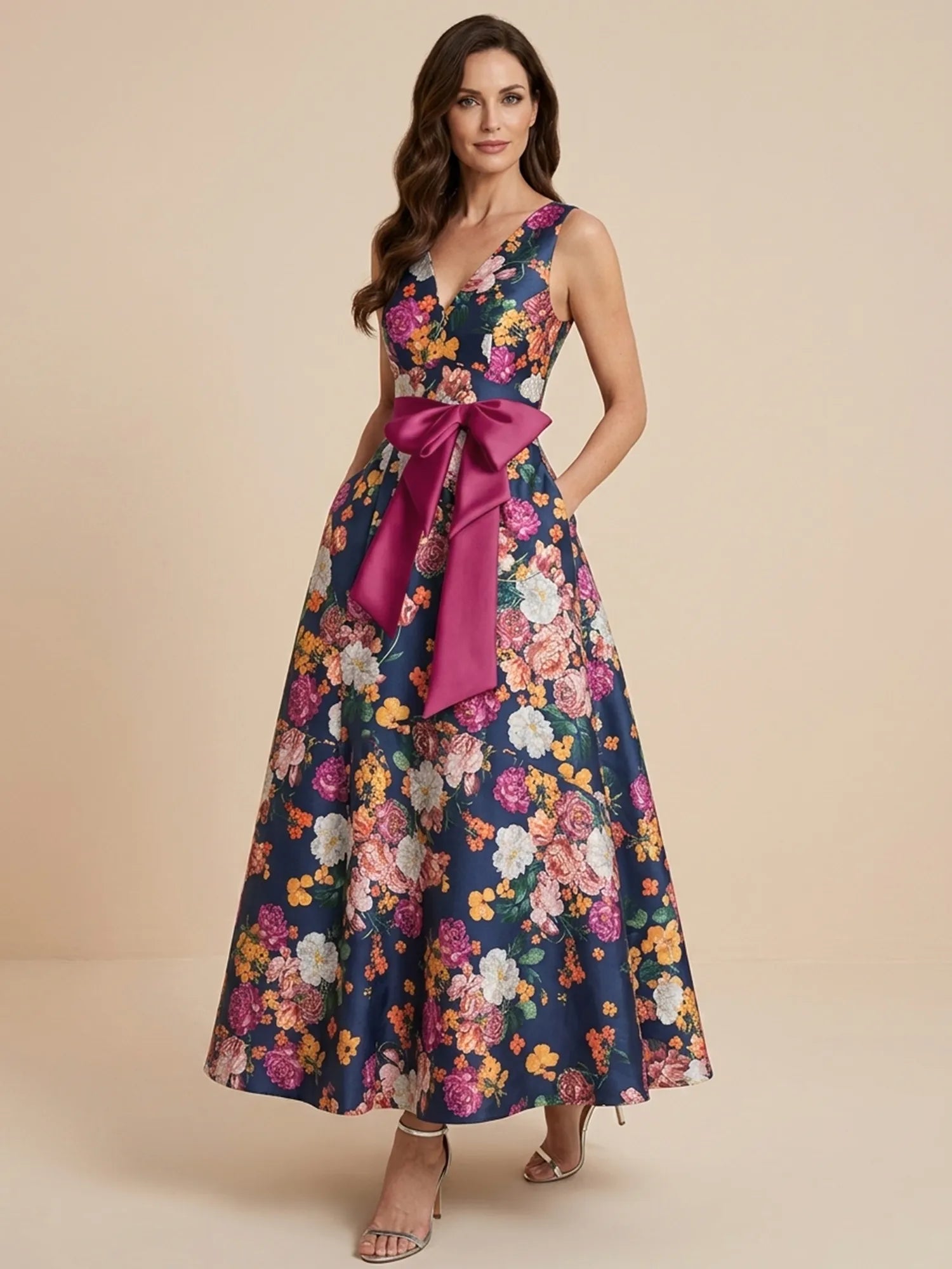 Print Flower Satin V Neck Ankle Length Mother of the Bride Dresses with Bow