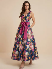 Print Flower Satin V Neck Ankle Length Mother of the Bride Dresses with Bow