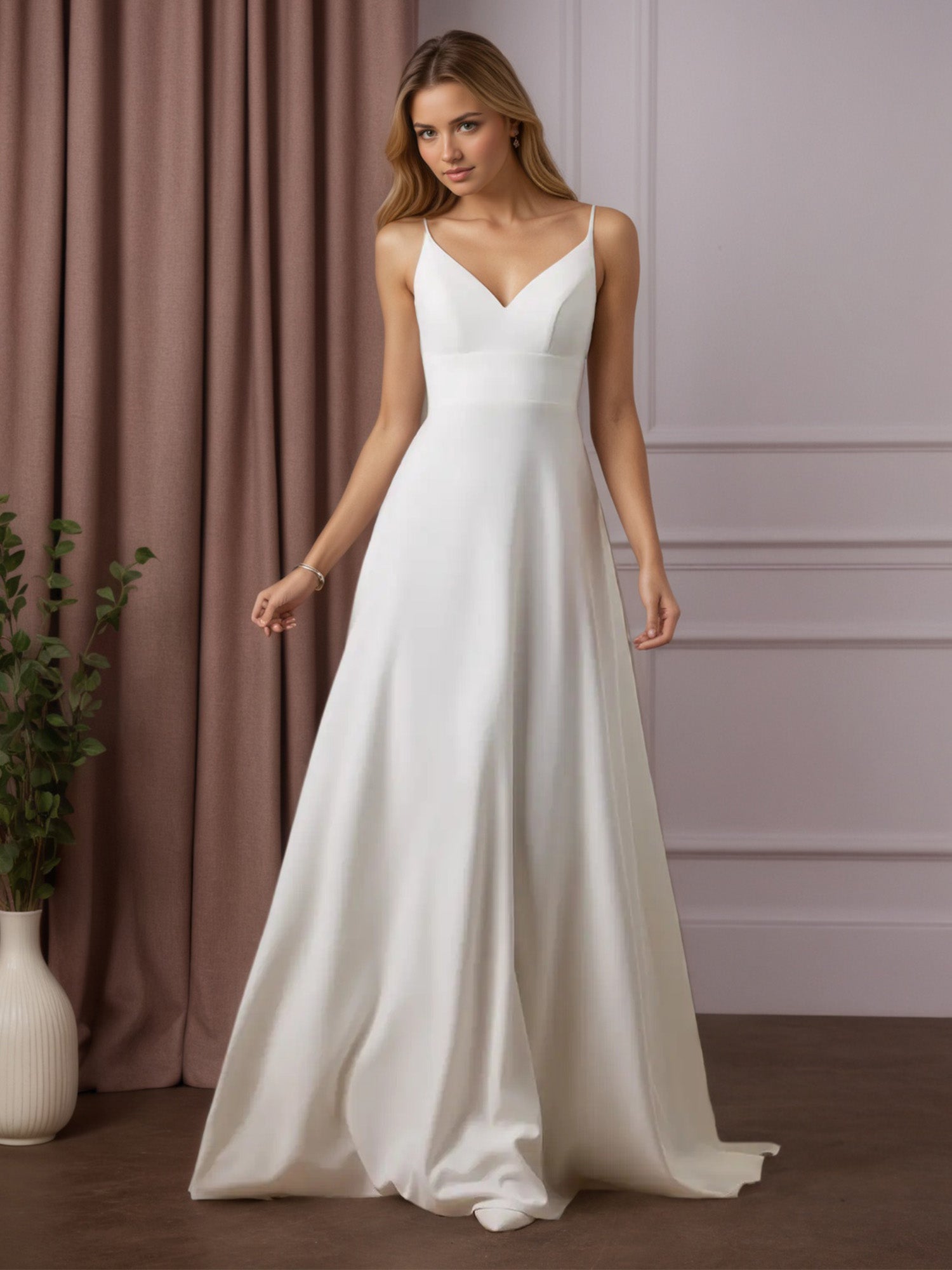 White A-Line V-Neck Sequins Stretch Crepe Wedding Dress