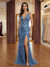 Steel Blue Sequin Feather Long Prom Dress with Slit
