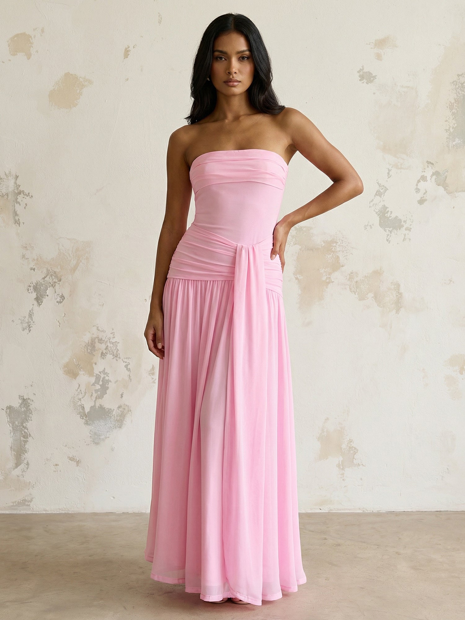 Pink Strapless Maxi Dresses with Pleat A Line Evening Dress