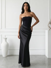 Black Hollowed Strapless Mermaid Maxi Dresses with Pleat