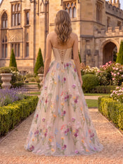 Strapless Floral-Embroidered Tulle A-Line Corset Sleeveless Prom Dress