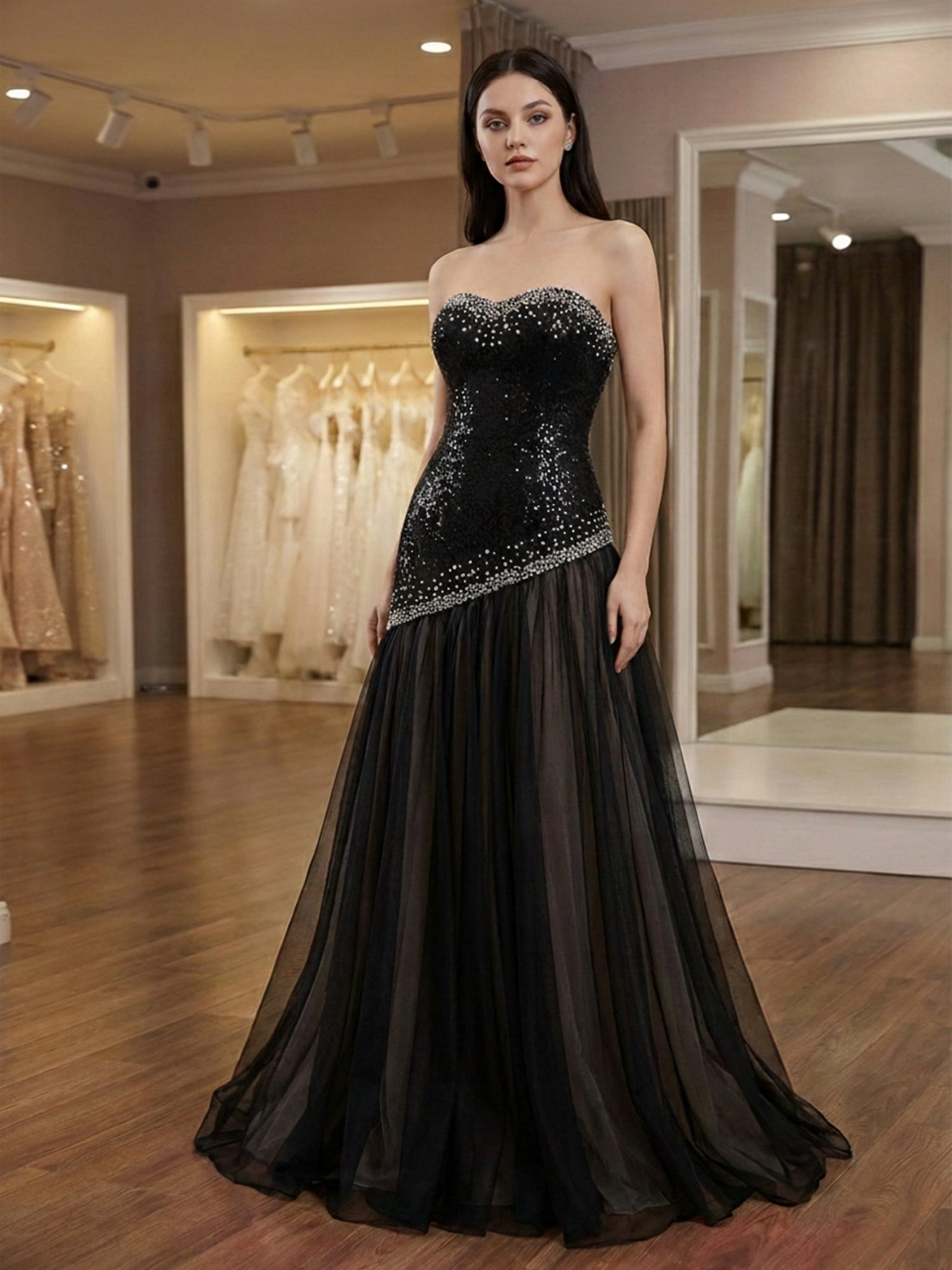 Galaxy Glamour Black Beaded Asymmetrical Tulle Prom Dress