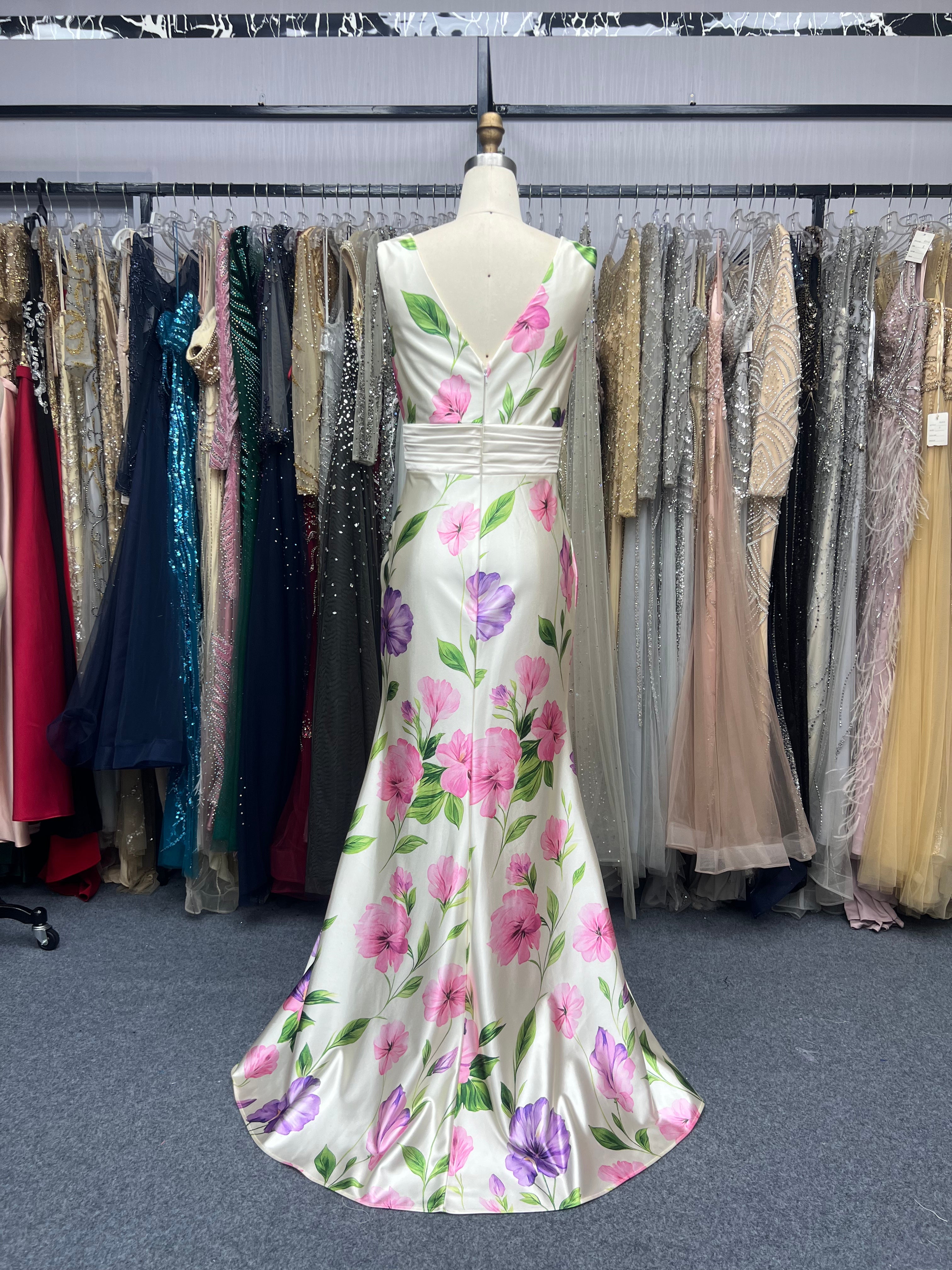 White Bow Floral V Neck Sleeveless Mermaid Gown Satin Dress