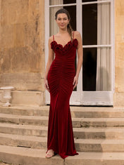 V-Neck Spaghetti Strap Ruched Velvet Burgundy Mermaid Evening Dress