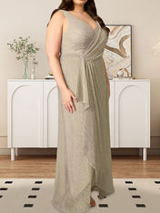 A-Line V-Neck Ruched Metallic Mesh Dress