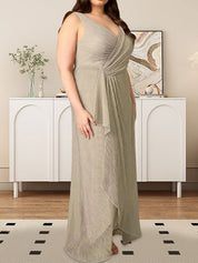 A-Line V-Neck Ruched Metallic Mesh Dress