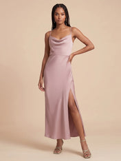 Cowl Neck Satin Midi Bridesmaid Dress with Adjustable Straps and Side Slit
