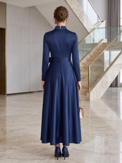 High-Neck V-Plunge Belted Satin Long-Sleeve A-Line Evening Dress with Bow and Pockets