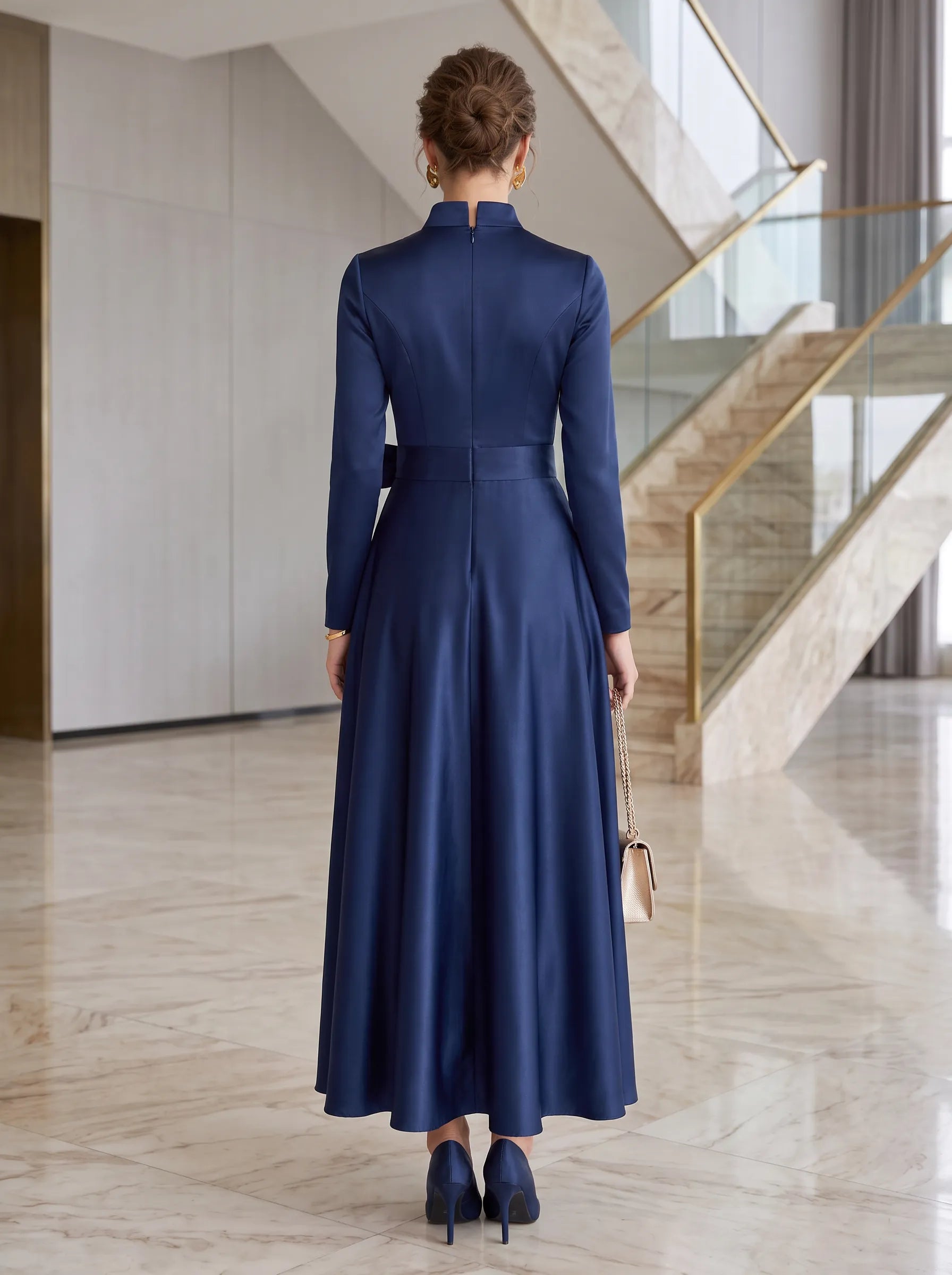High-Neck V-Plunge Belted Satin Long-Sleeve A-Line Evening Dress with Bow and Pockets