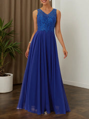 Blue Sequin Lace Chiffon V Neck Sleeveless A-Line Maxi Dress