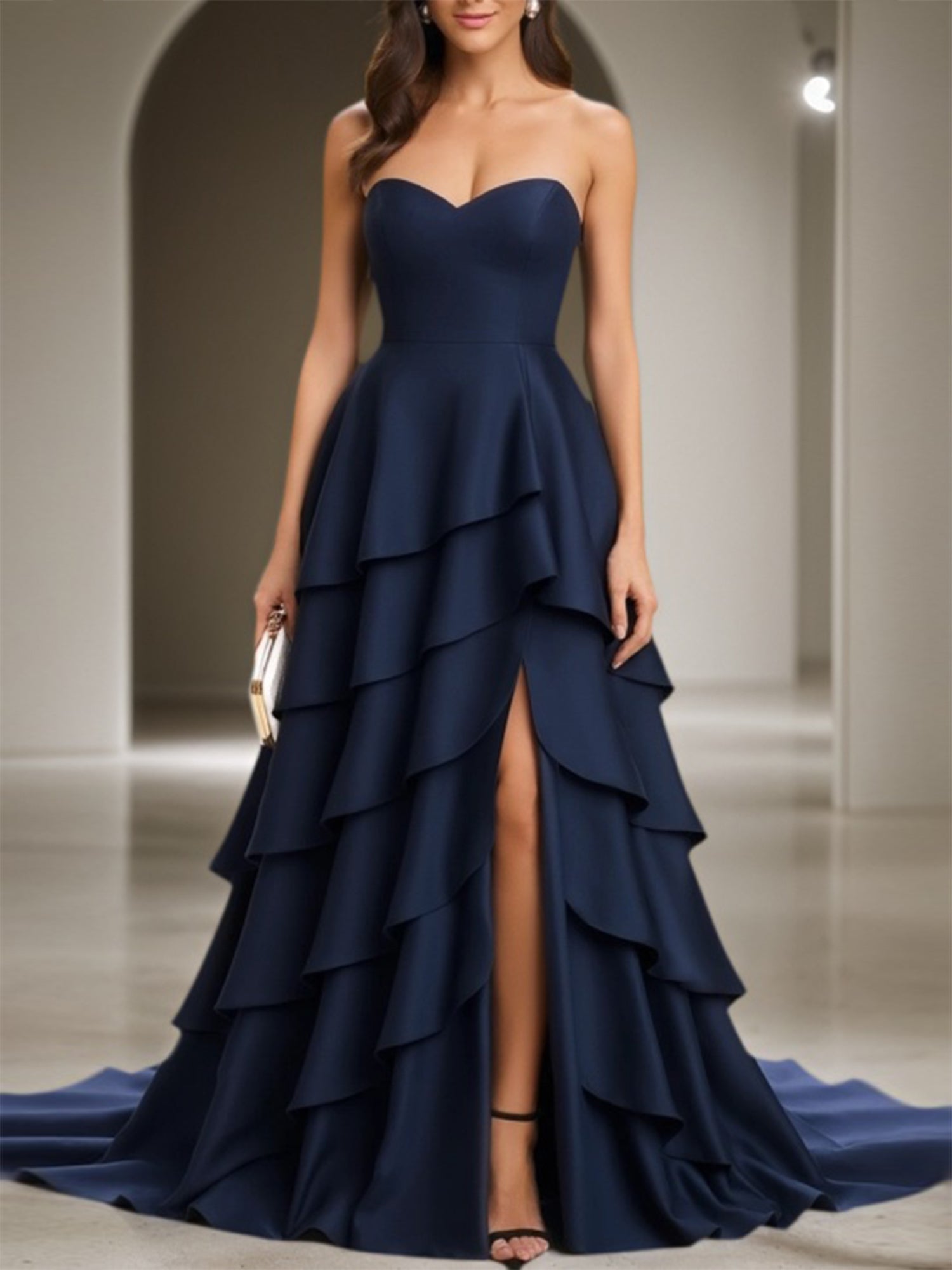 Formal Wedding Guest Dress Navy Strapless Sleeveless Maxi Tiered Dress