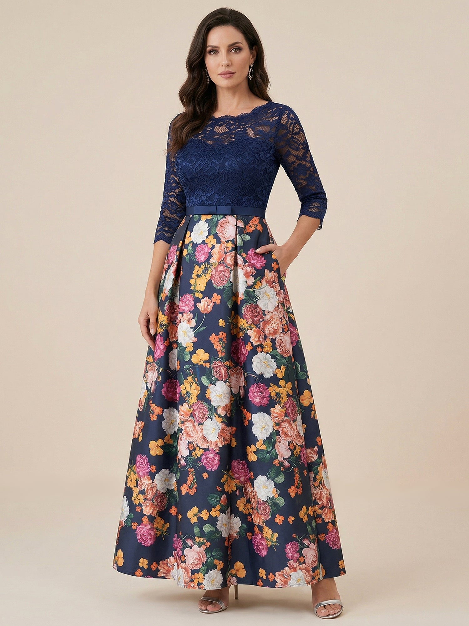 Navy Blue Half Sleeves Applique Two-piece Print Floral Mother of the Brides dress
