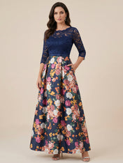 Navy Blue Half Sleeves Applique Two-piece Print Floral Mother of the Brides dress