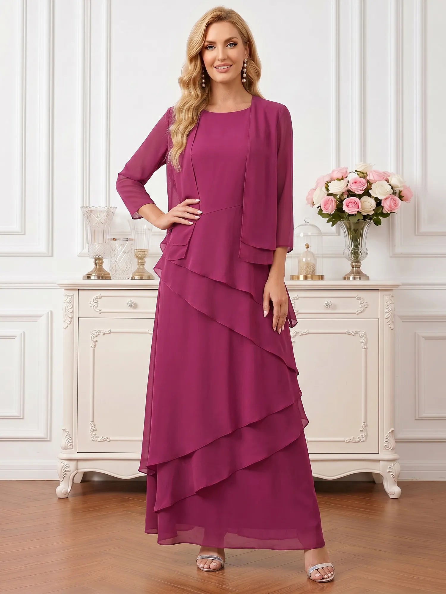 Round Neck Tiered Chiffon A-Line Mother of the Bride Dress with Matching Bolero Jacket