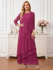 Round Neck Tiered Chiffon A-Line Mother of the Bride Dress with Matching Bolero Jacket