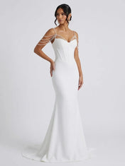 Pearl Chain Off-Shoulder Corset Crepe Sleeveless Mermaid Wedding Dress