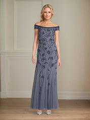 Sheath/Column Off The Shoulder Floor Length Tulle Mother of the Bride Dress With Beading