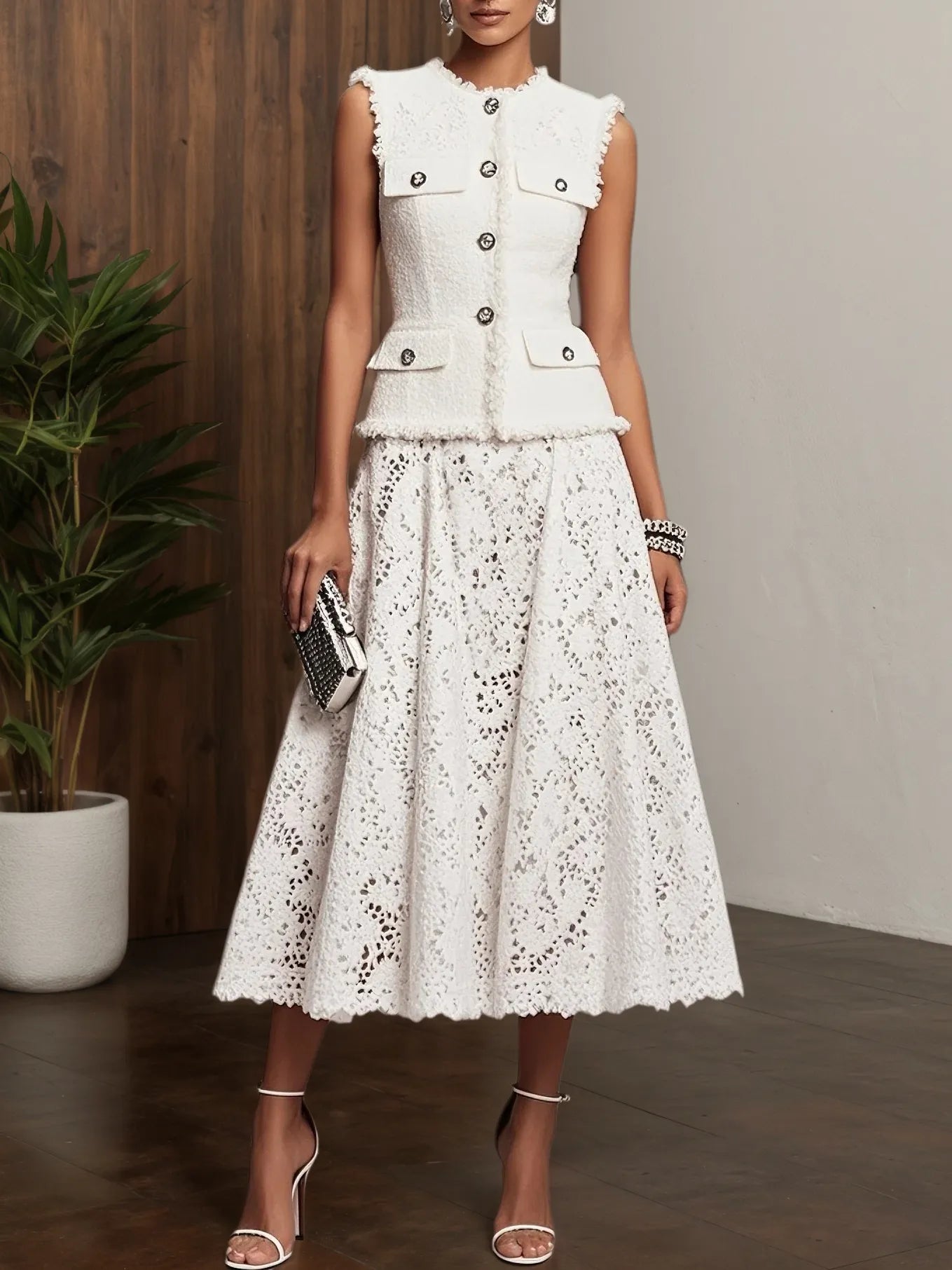 Women Tweed White Buckle Pocket Stitching Crew Neck Sleeveless Dressy Coat With Skirt Two-Piece Set