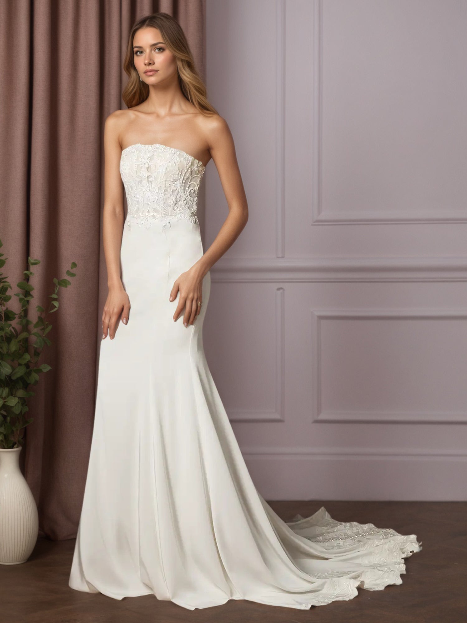 White Mermaid Lace Crepe Back Satin Wedding Dress